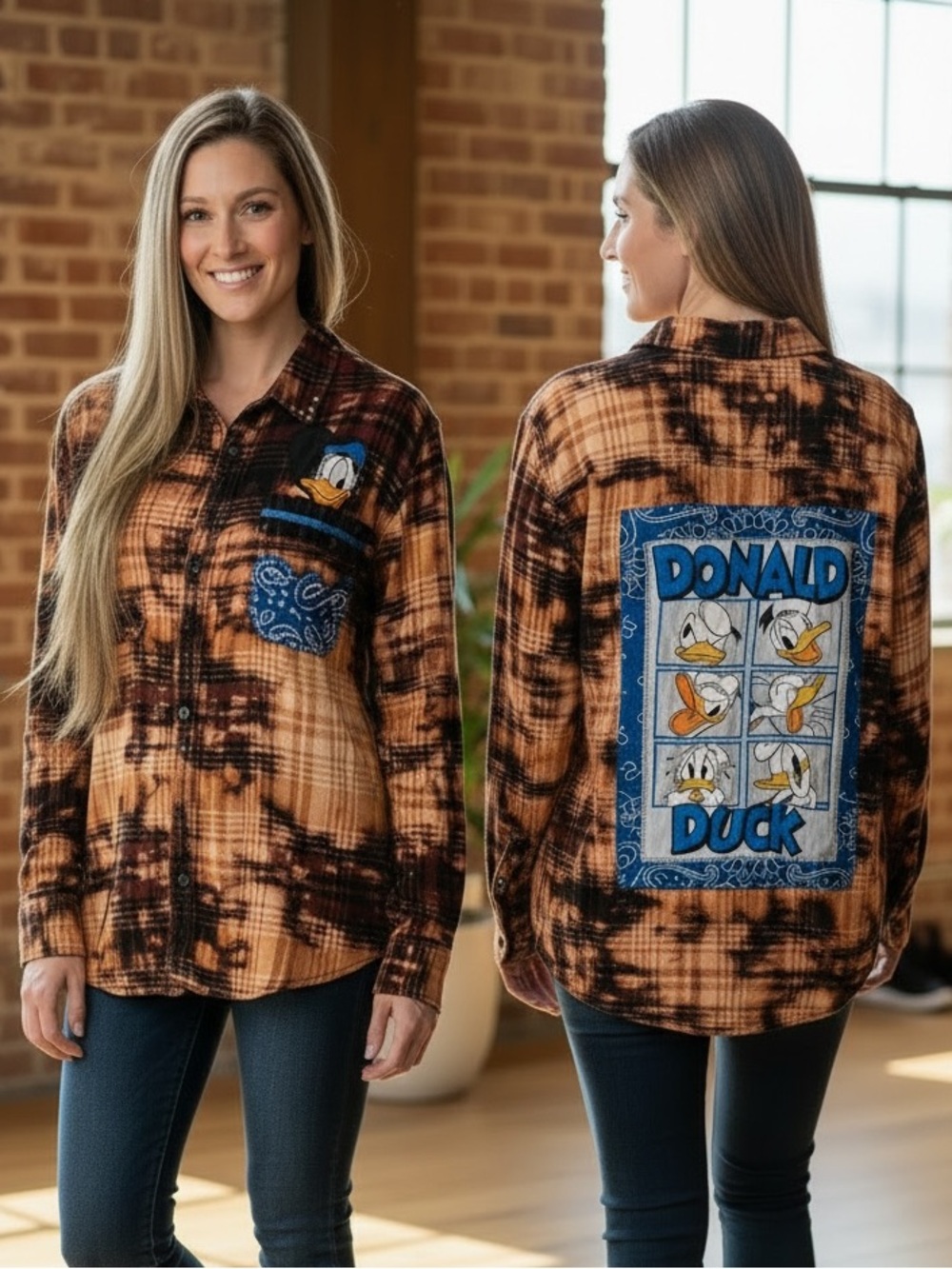 Upcycled Donald Duck Tie-Dye Plaid Shacket - Fit Up to 2X